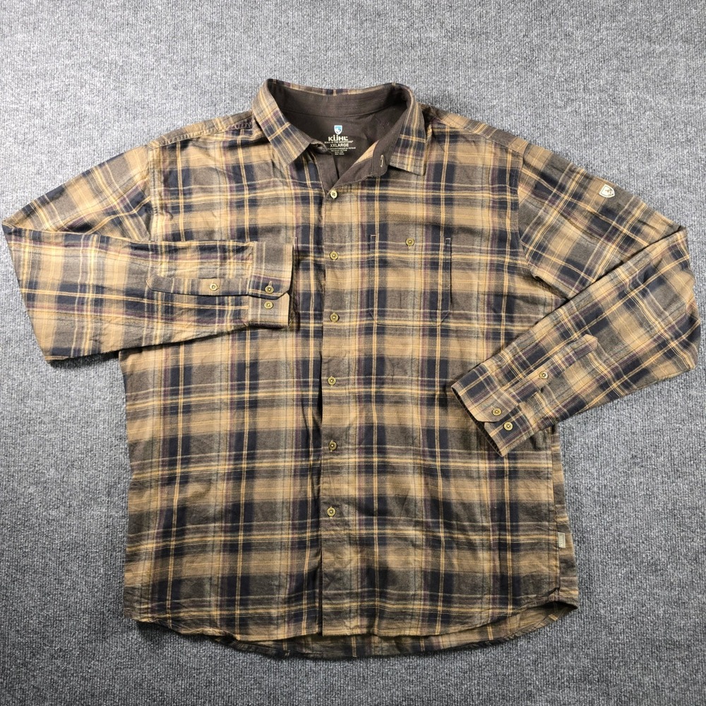 Kuhl Mens XXL Plaid Long Sleeve Button Down Shirt Brown Tan Outdoor Hiking